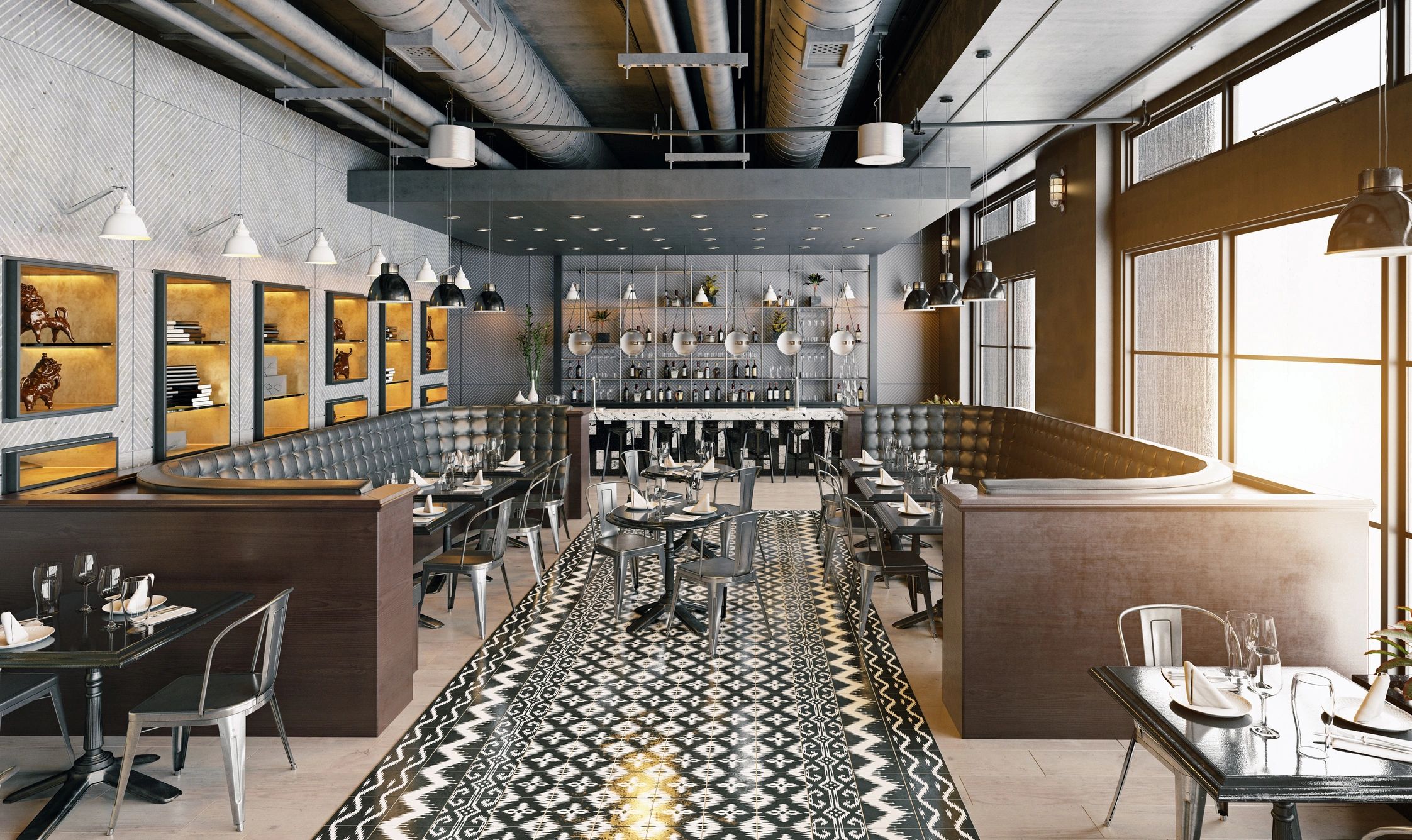 Stylish hospitality interior with seating and bar area